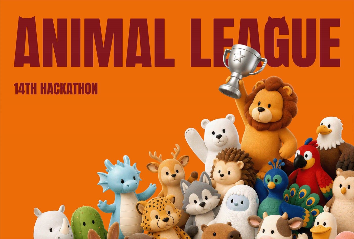 ANIMAL LEAGUE 키 비주얼: 80개 대학을 상징하는 동물 캐릭터들과 트로피